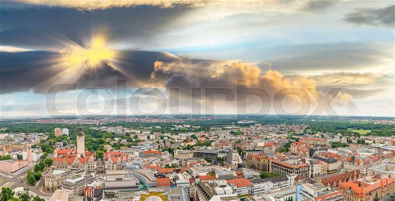 Beautiful panoramic sunset aerial view of Hamburg, Germany, stock photo