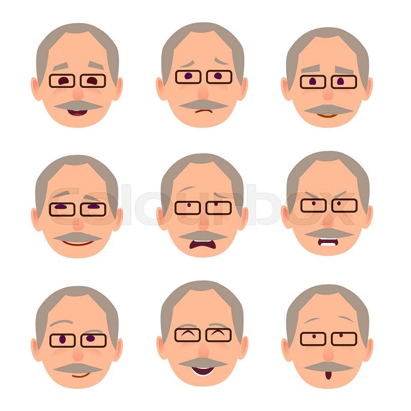 Old men face emotions collection on white. Vector banner of cheerful pensioner with grey hair and moustache, wearing dark rectangular glasses and showing happiness and sadness, or with angry face, vector