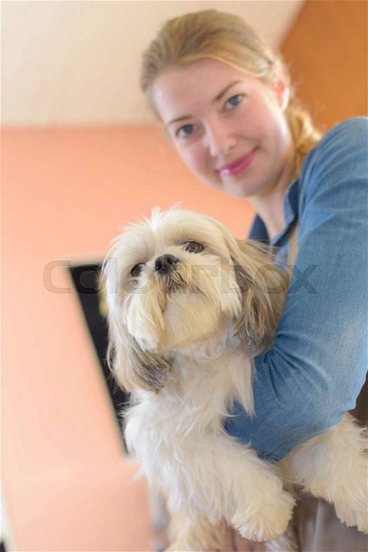 Happy woman and dog in grooming salon, stock photo