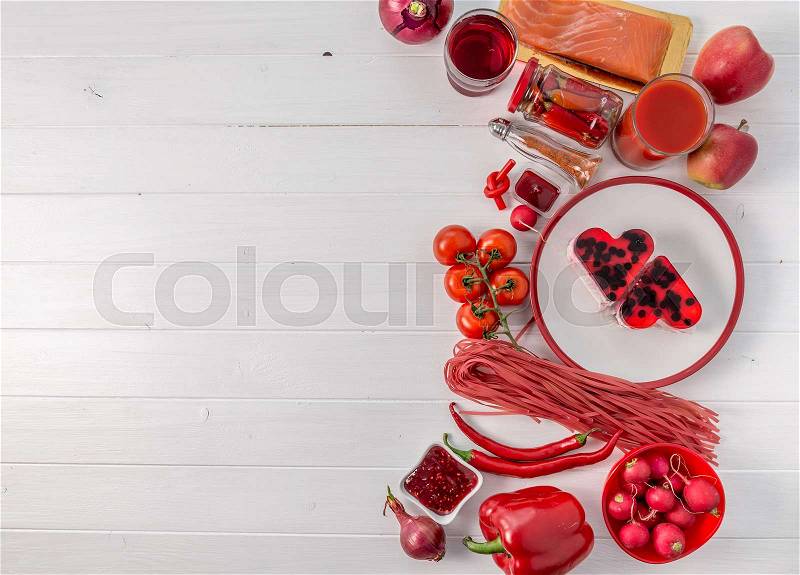 Set of red food objects on white, additional space for text left, topview, stock photo