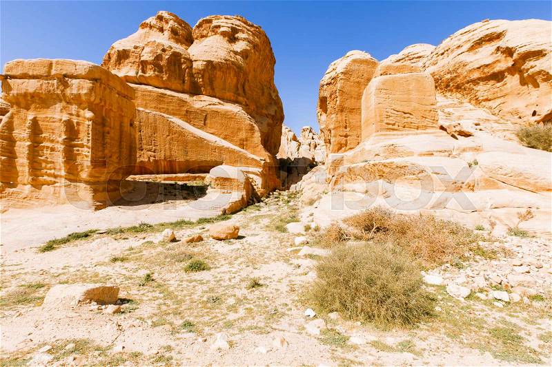 Views of the Lost City of Petra in the Jordanian desert, stock photo