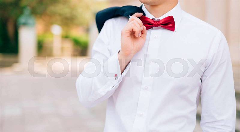 The bow tie. Close the frame. Male chin with bow tie, stock photo