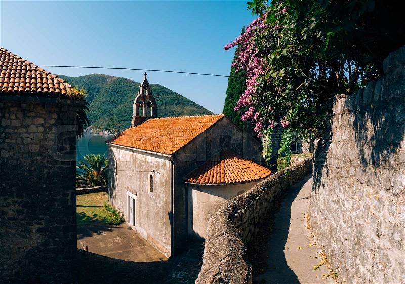 Church Orthodox Church of the Nativity of the Virgin in Perast, Montenegro, Kotor Bay, the Balkans, the Adriatic Sea, stock photo