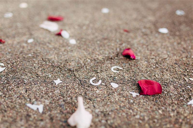 Rose petals on the floor. Wedding tradition of showering newlyweds with rose petals when they come out of the church, stock photo