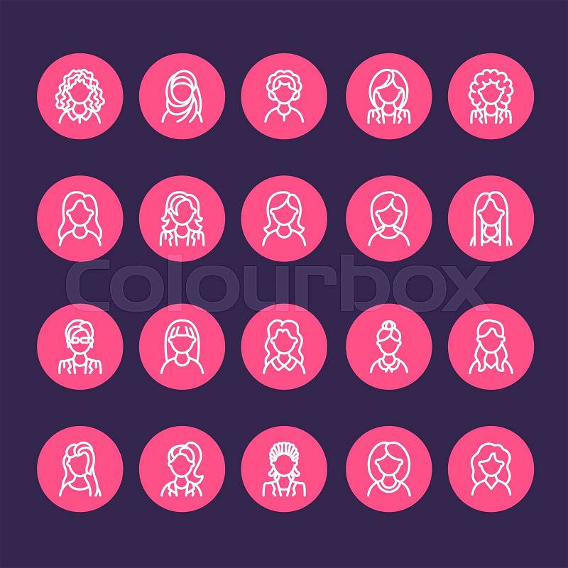 People line icons, business woman avatars. Outline symbols of female professions, secretary, manager, teacher, student. Young girls thin linear signs, vector