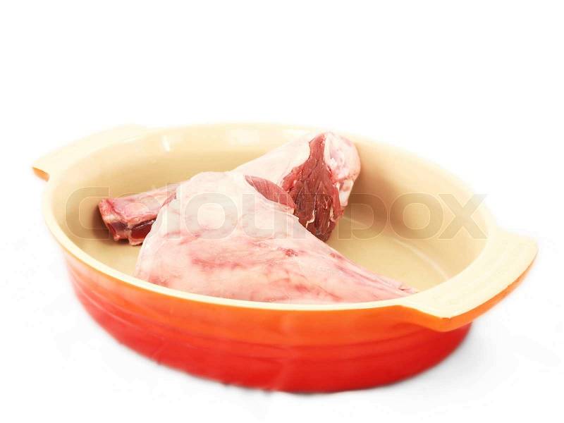Raw red meat, chopped, in a dutch oven, unseasoned, stock photo