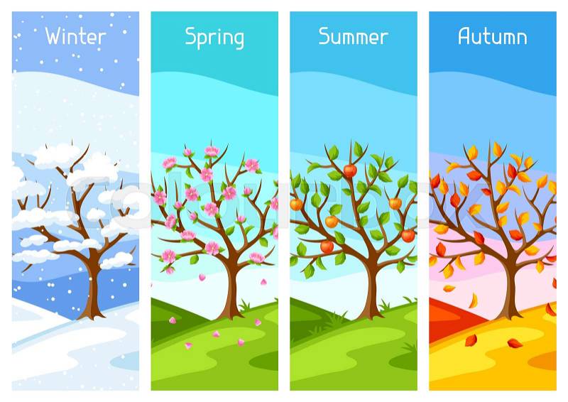 Four seasons. Illustration of tree and landscape in winter, spring, summer, autumn, vector