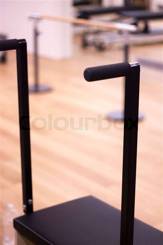 Yoga and pilates studio gym with training equipment for exercise, rehabilitation, physical therapy and workout, stock photo