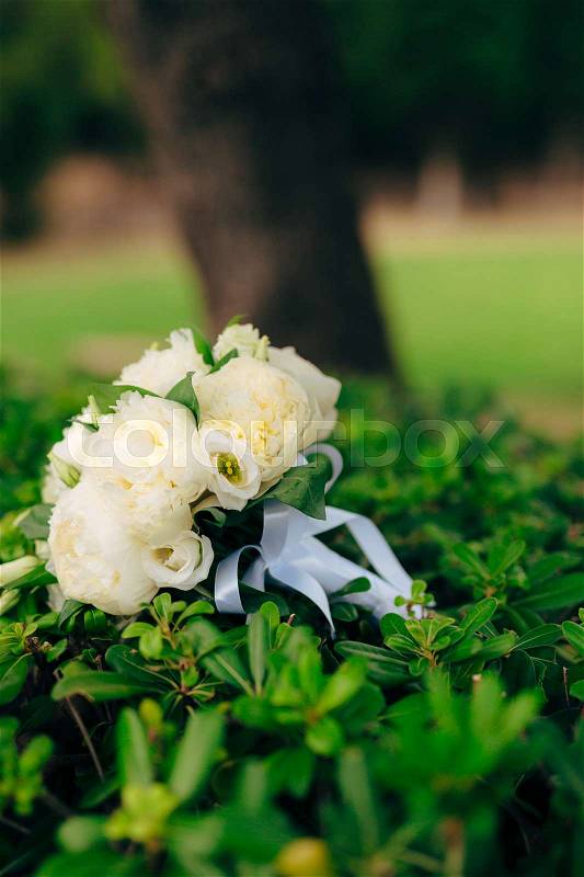Wedding roses and peonies on the grass. Wedding in Montenegro, stock photo