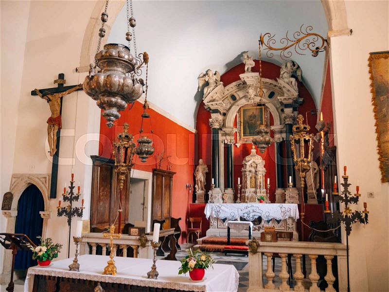 Altar in the church. The interior of the church in Perast, Montenegro, Kotor Bay, stock photo