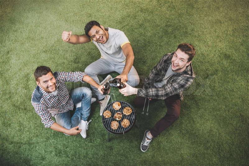 High angle view of happy young men drinking beer and sitting on grass while grilling meat, stock photo