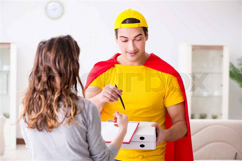 Superhero pizza delivery guy with red cover, stock photo