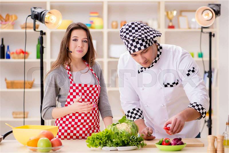 Food cooking tv show in the studio, stock photo