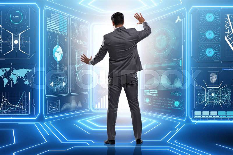 Man pressing virtual button in data mining concept, stock photo