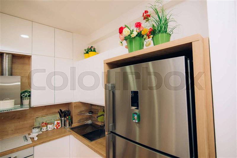 Refrigerator in the kitchen. Home appliances for the kitchen, stock photo