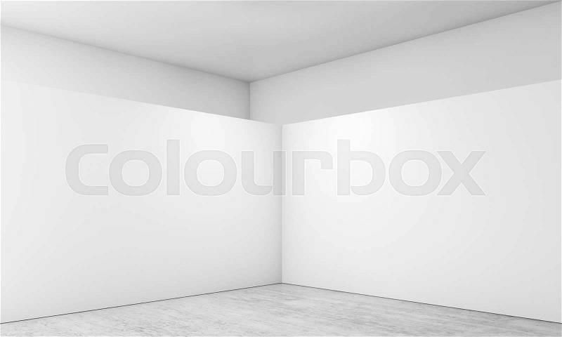Abstract empty interior, corner of white installation on concrete floor, contemporary architecture design. 3d render illustration, stock photo