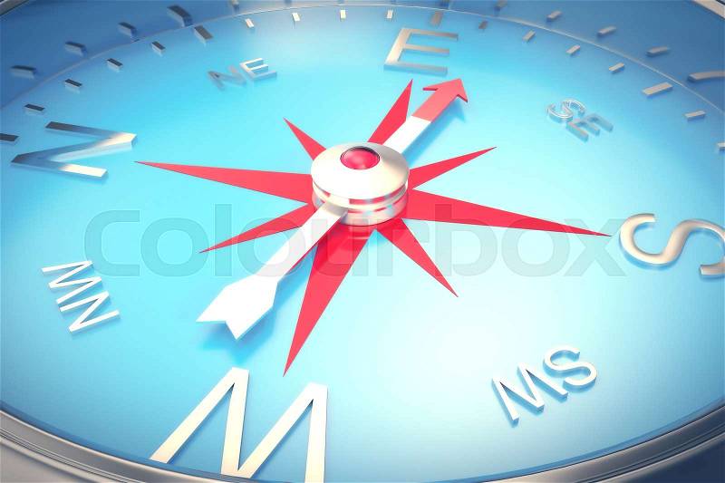 Silver compass with windrose, emblem of compass close-up, with DOF effect. 3d rendering, stock photo