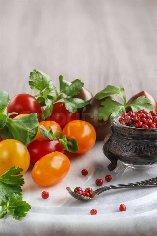 Cherry tomatoes and Peruvian pepper, stock photo