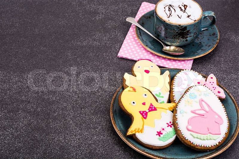 Easter gingerbread cookies with drawing. Studio Photo, stock photo