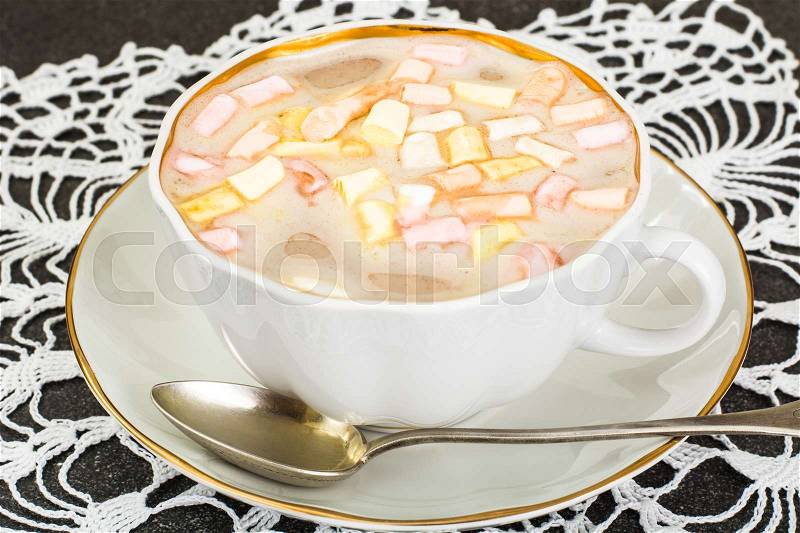 Coffee with milk and marshmallow in white cup. Studio Photo, stock photo