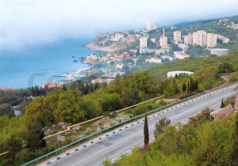 Spring cloudy view of Foros town and highway (Crimea, Ukraine), stock photo