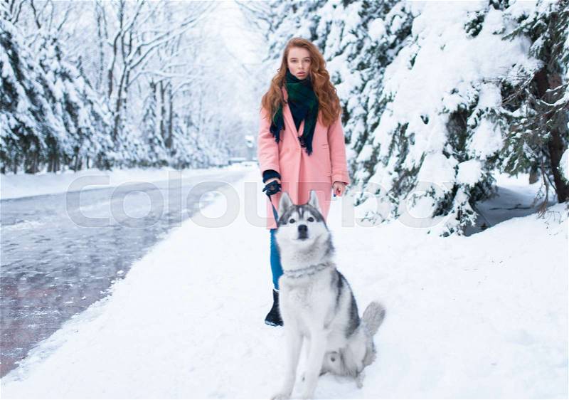 Young woman walks in the park with siberian husky, snowy forest on background. Cute girl with charming dog, stock photo