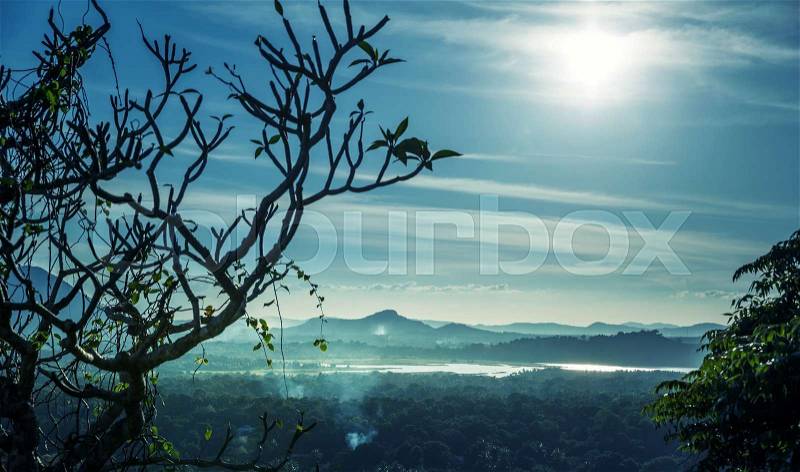 Scenic tea mountain valley landscape, Ceylon nature. Sri Lanka scenery, stock photo