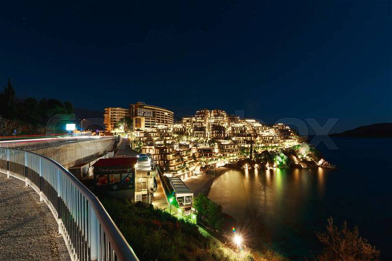 Hotel complex for rich people Dukley Gardens in Budva, Montenegro. Night photo at the full moon, starry sky, stock photo