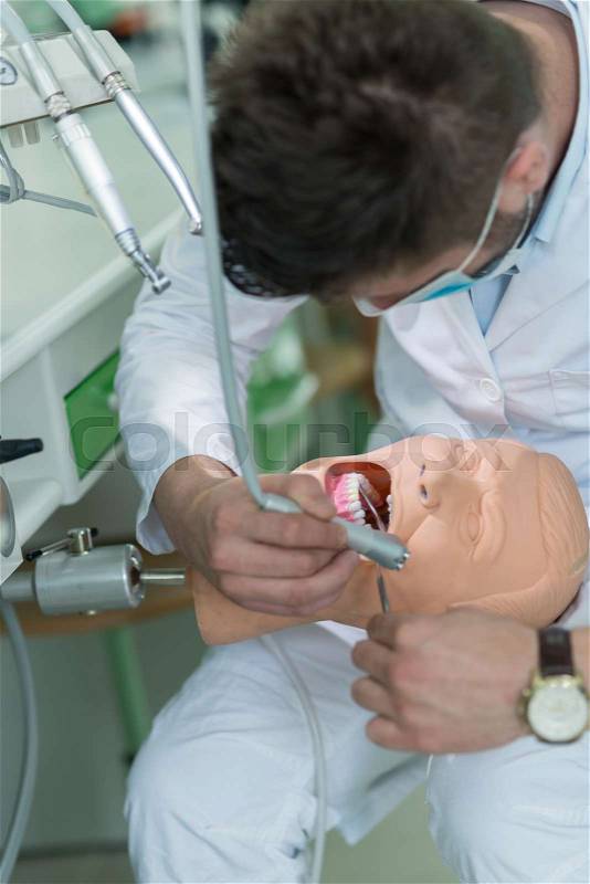 Male dental student practicing on doll model with false teeth, stock photo