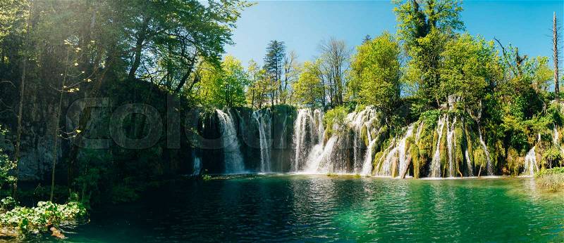 Waterfall in the national park Plitvice Lakes, Croatia. Waterfall in the forest, stock photo