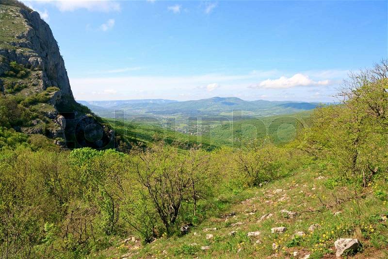 Spring Crimea Mountain country landscape with valley and Sokolinoje Village(Ukraine), stock photo