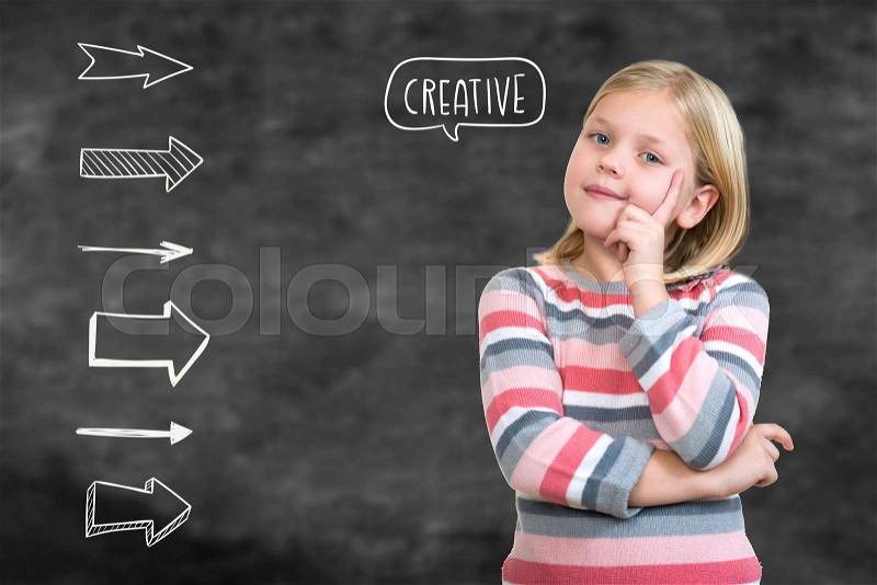 Little daydreamer. Cheerful little girl holding finger on chin and looking away while standing isolated on white, stock photo