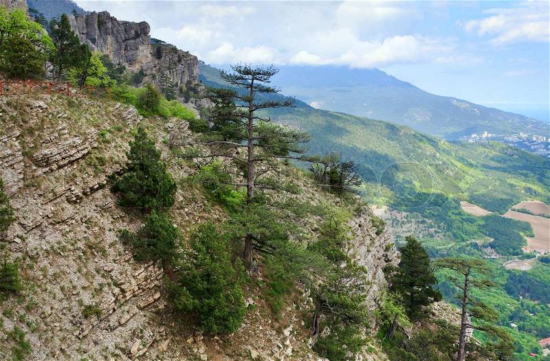 View of Yalta city from slope of Aj-Petri Mount (trail Botanical, Crimea, Ukraine), stock photo