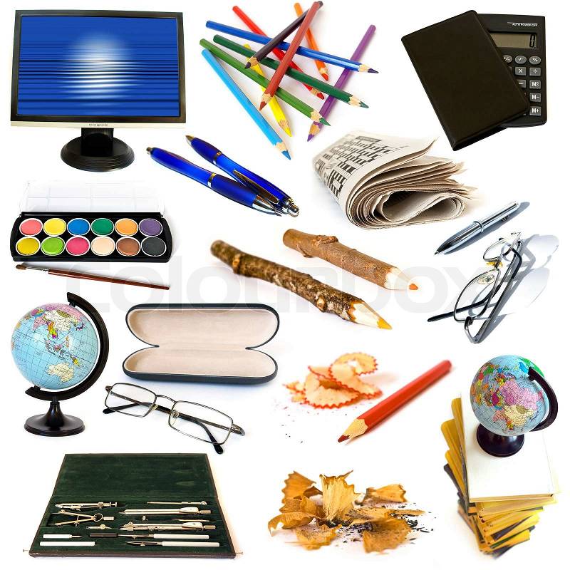 Group of education theme objects isolated on white background, stock photo