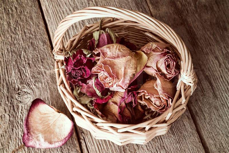 Buds of faded roses in wicker basket on wooden background, stock photo