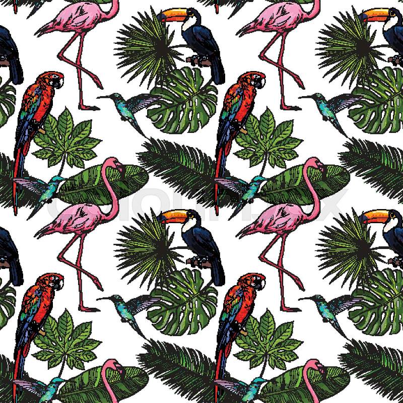 Seamless pattern, backdrop design of tropical palm leaves, birds, flowers, sketch vector illustration isolated on white background. Hand drawn tropical palm leaves, birds, flowers seamless pattern, vector