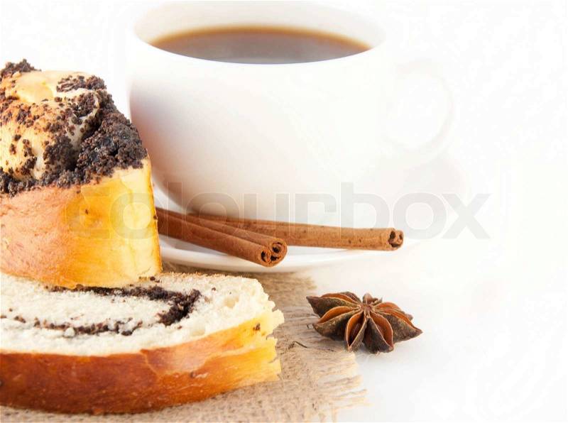 Cup of coffee and appetizing cake on a white background, stock photo