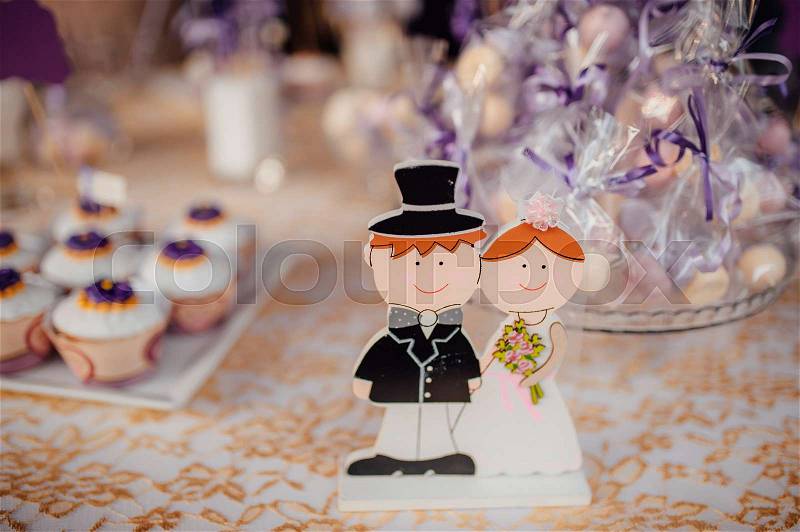 Delicious wedding reception candy bar dessert table, stock photo