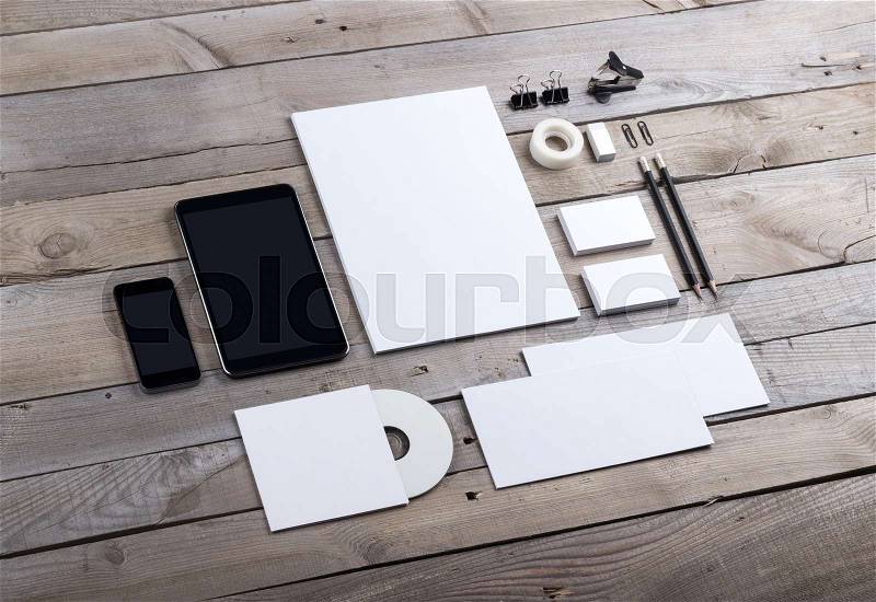 Photo of branding identity mock up. Template isolated on old wood background. For graphic designers presentations and portfolios damaged weathered antique mock-up, stock photo