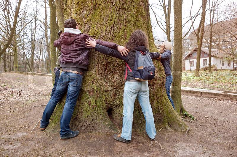 Group of friends hugging giant tree trunk and holding hands during hiking excursion. Tree hugging, tourism, ecology, nature support and friendship concept, stock photo