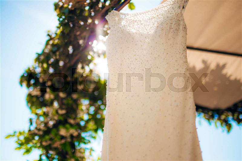 The bride\'s dress on a hanger in the green in Montenegro, stock photo