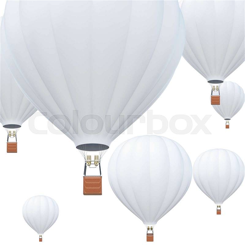 Hot Air balloons, white hot air balloons with basket on sky background. 3d rendering, stock photo