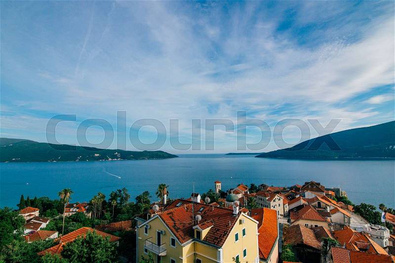 Panoramic sea view from the old town in Herceg Novi in Montenegro, stock photo