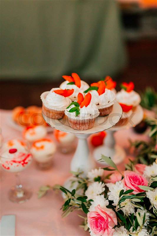 Cupcakes on a wedding table. Wedding in Montenegro, stock photo
