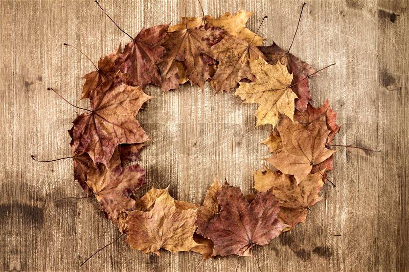 Autumn leaves circle with copy space on wooden background, stock photo