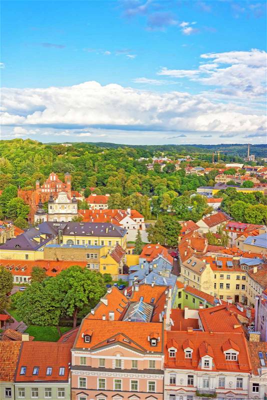 Aerial view on Church of St Anne and Church of Saint Bernard and old town in Vilnius, Lithuania, stock photo