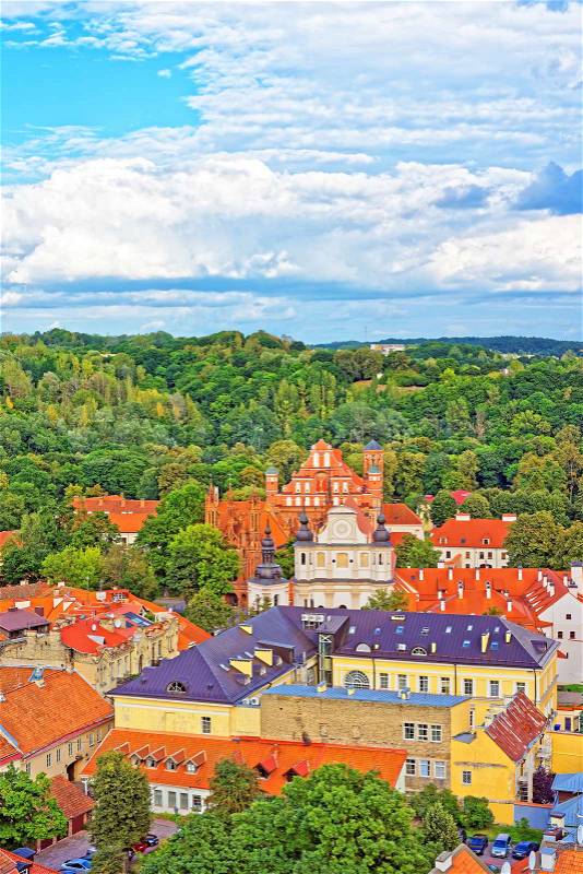 Aerial view on Church of St Anne and Church of Saint Bernard and old town, Vilnius, Lithuania, stock photo