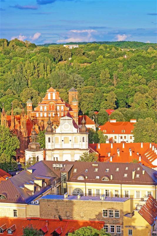 Aerial view on Church of Saint Anne and Church of St Bernard and old town of Vilnius, Lithuania, stock photo