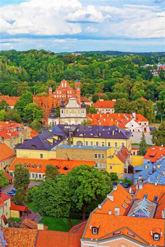 Aerial view on Church of Saint Anne and Church of St Bernard and old town in Vilnius, Lithuania, stock photo
