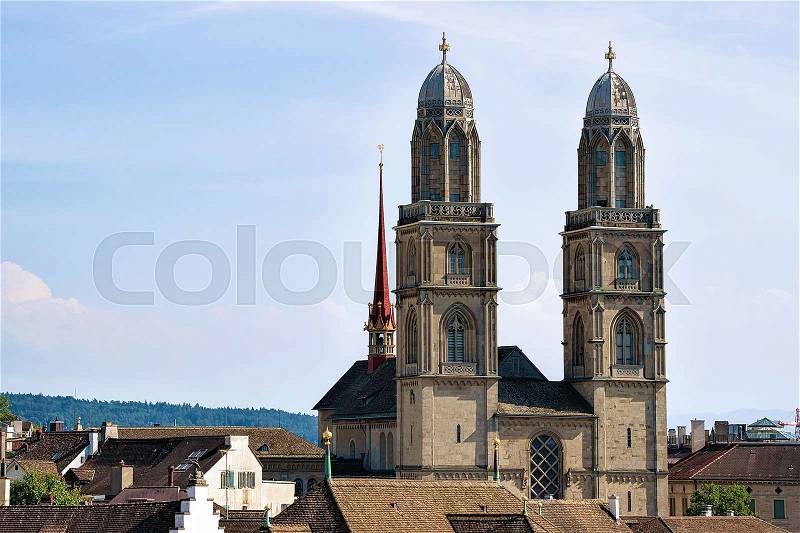 Double towers of Grossmunster Church in Zurich, of Switzerland, stock photo
